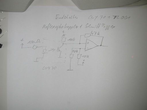 hand sketched circuit drawing of Schmitt trigger with optocoupler